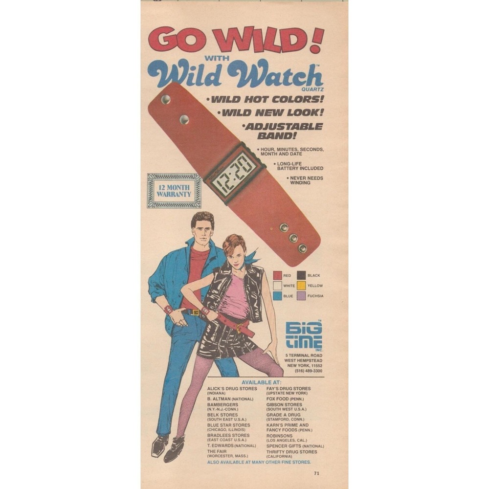 Vintage 1985 Wild Watch Print Ad Quartz Digital Watch Big Time Inc 80s Fashion